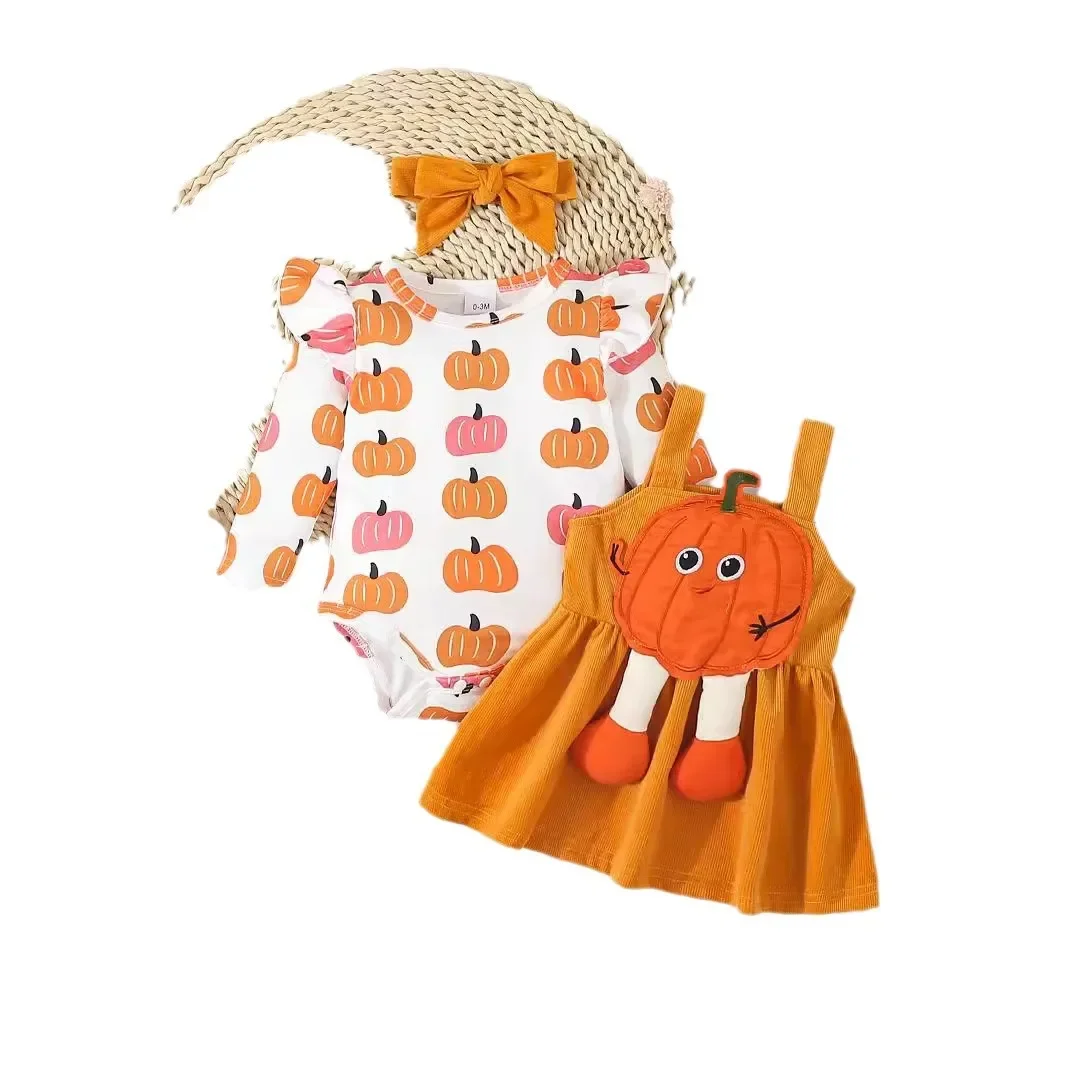 

Orange Dress Bow Hairband Three Piece Set for Children Halloween Outfit Baby Romper Kid Girl Pumpkin Printed Skirt Long Sleeve