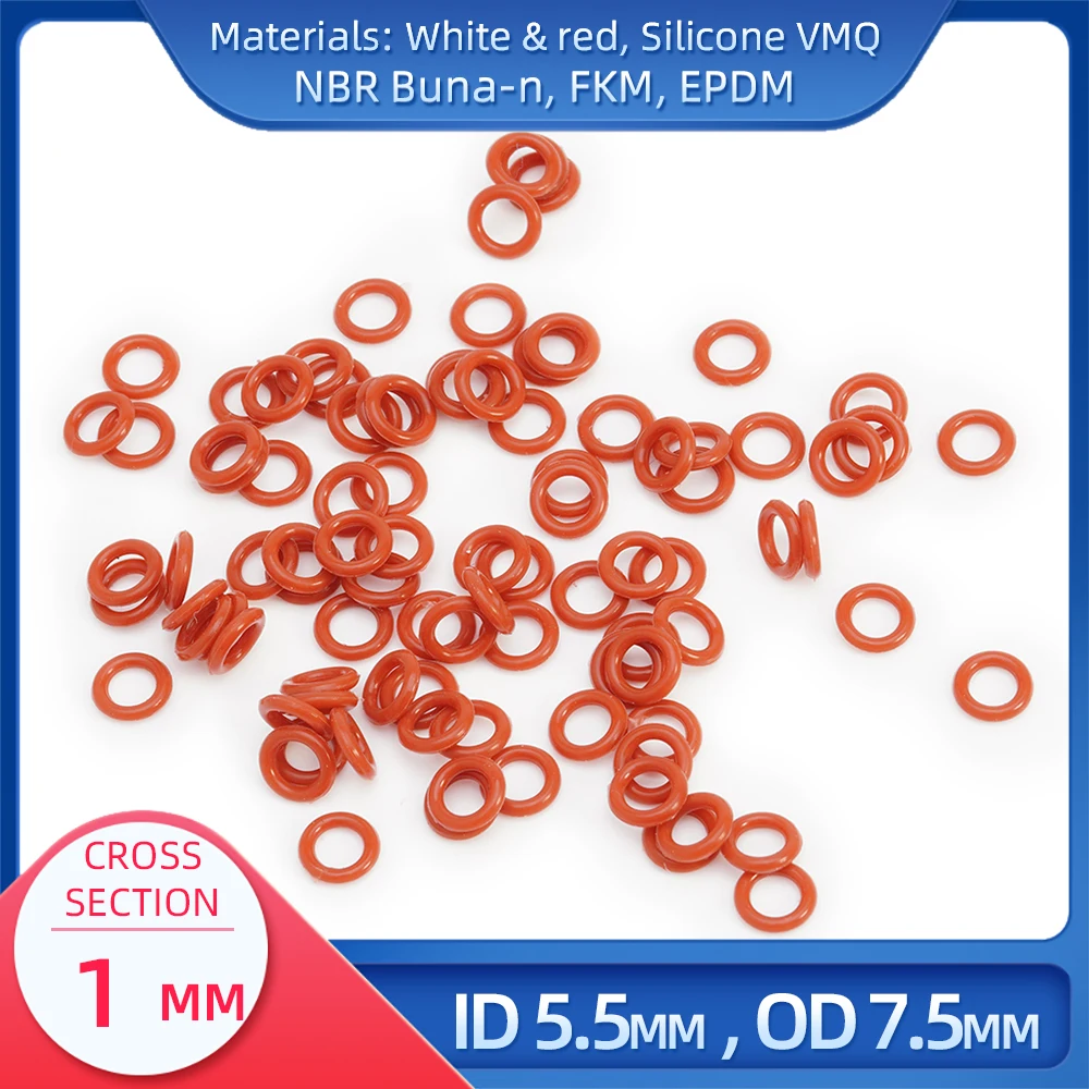 

O Ring CS 1mm ID 5.5mm OD 7.5mm Material With Silicone VMQ NBR FKM EPDM ORing Seal Gasket