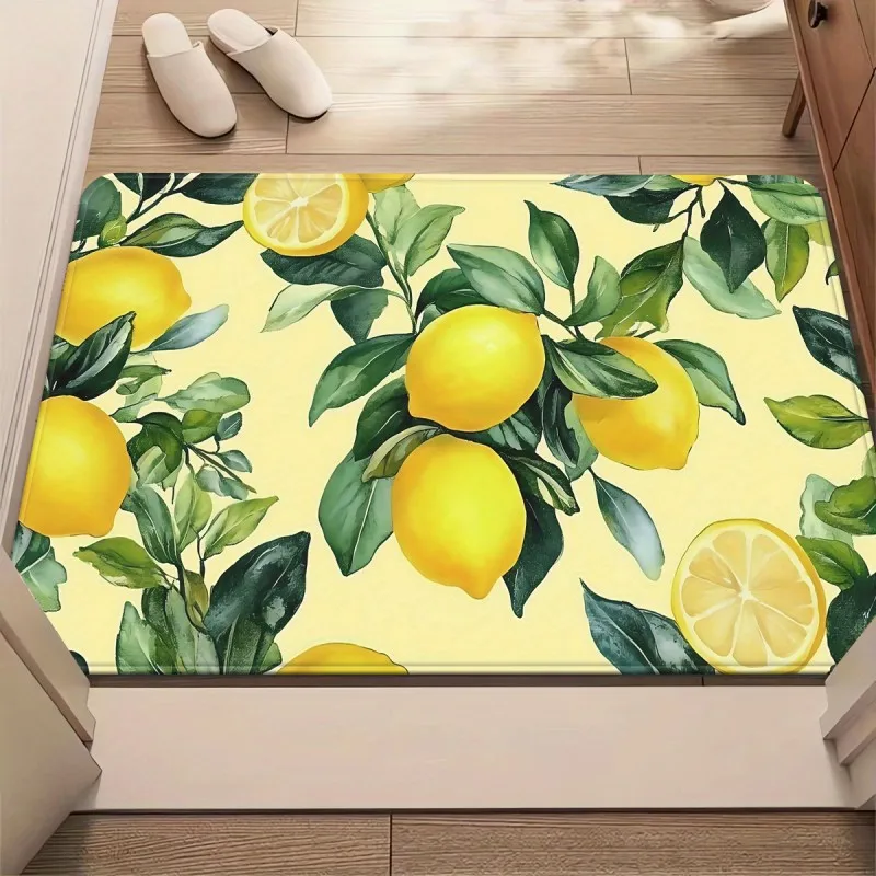 Fresh Lemon Branch Doormat Yellow Citrus Leaf Light Yellow Base Summer Farmhouse Entry Rug