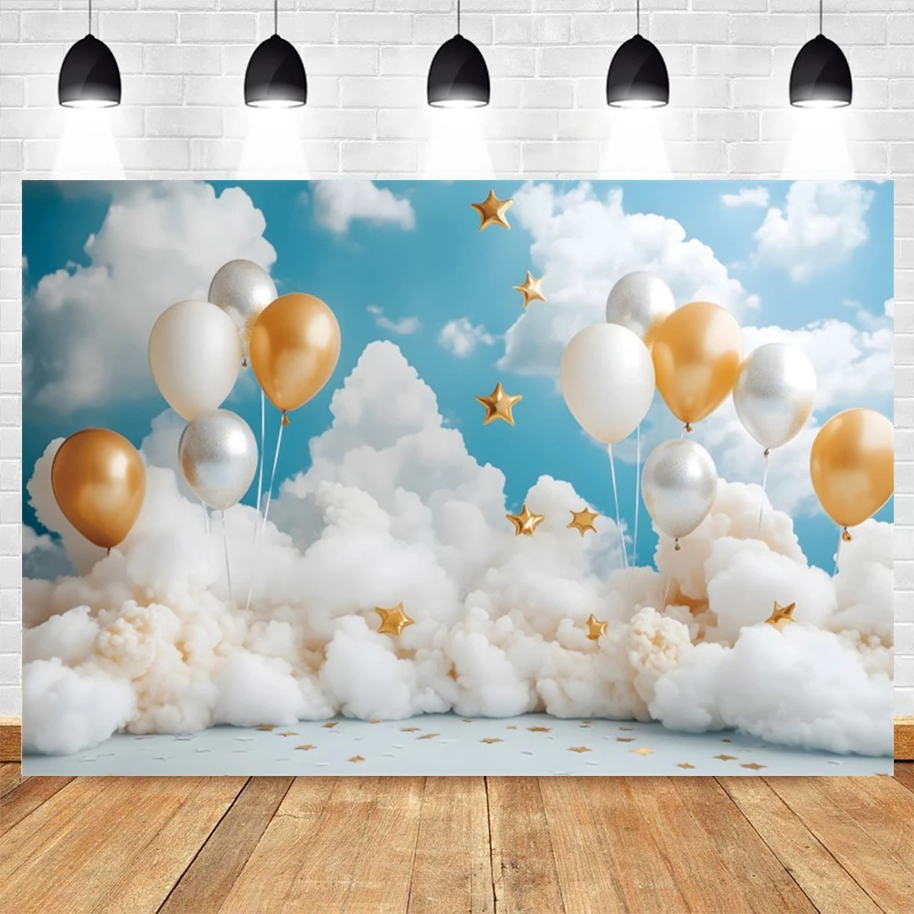 

Children'S Birthday Decorations Photography Background Colorful Balloons Clouds Blue Theme Backdrop Cloth Baby Shower Photozone