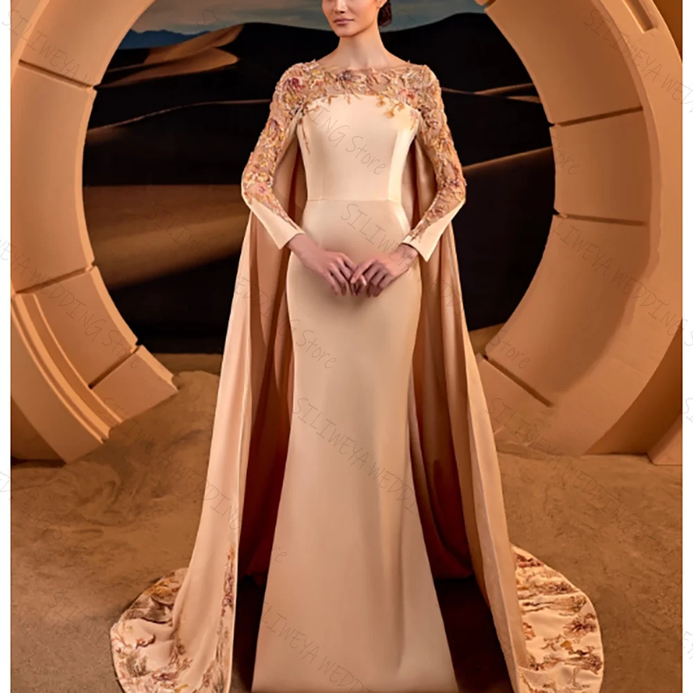 

Elegant Long Sleeves O Neck A-line Evening Dresses With Applique Female Formal Party Floor Length Prom Gown