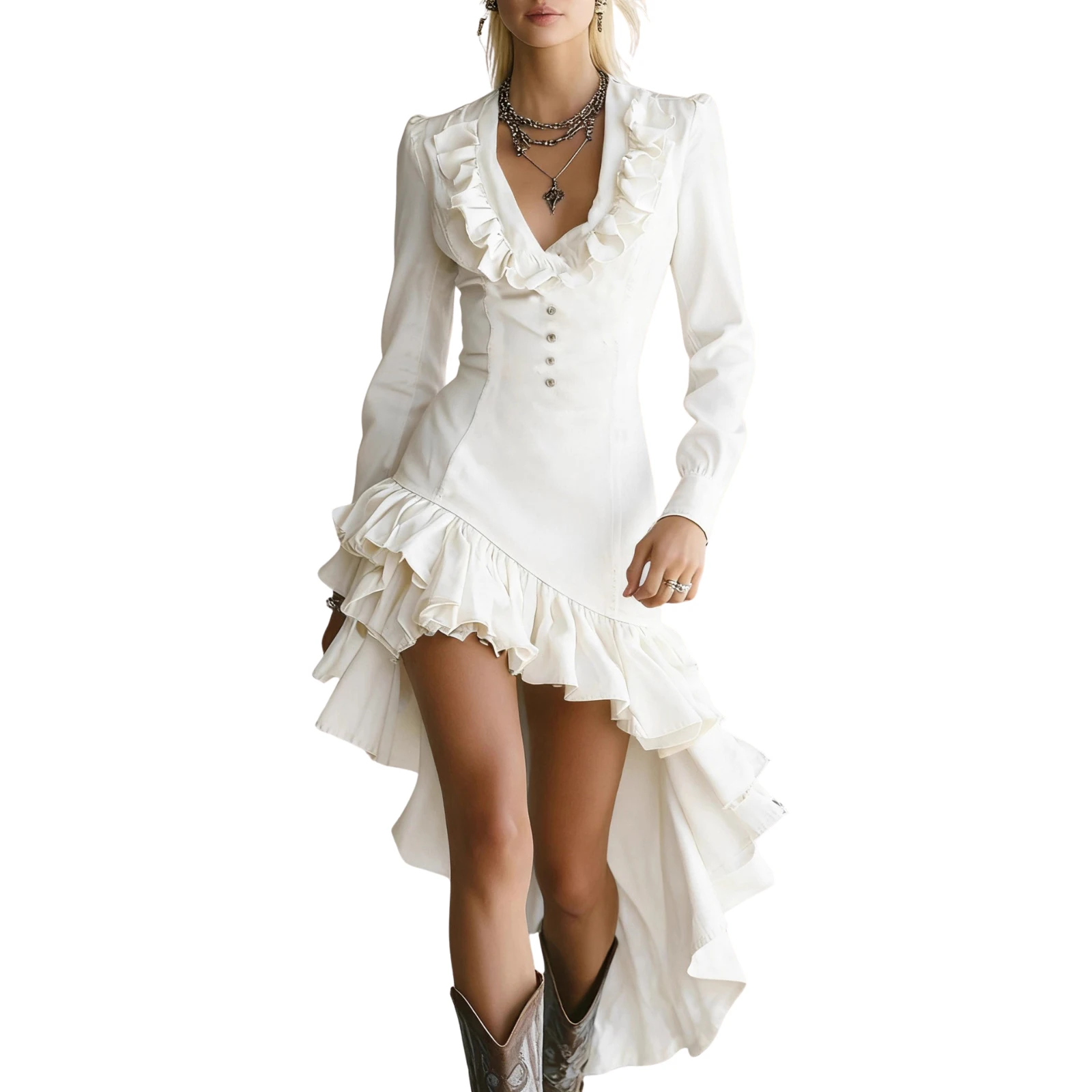 Gaun Gaya Pedesaan Barat Retro Kerah Renda Berlipit Gaun dengan Potongan Tidak Beraturan Gaun Musim Dingin Wanita yang Modis