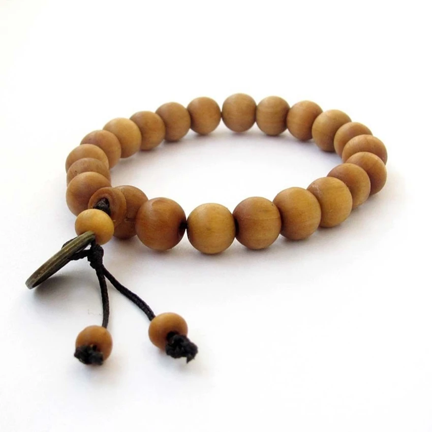 

10mm peach wood Mala Stretchy Bracelets 7 inches Unique Karma Link Unisex Artisan Prayer