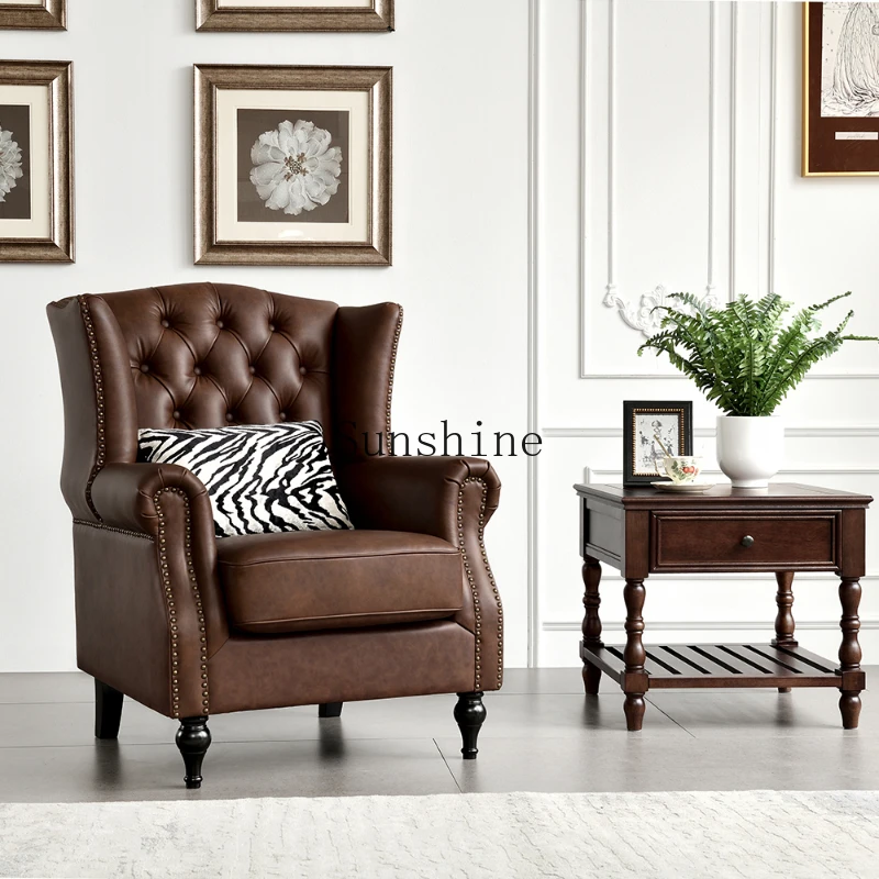 

American single sofa first layer cowhide retro living room leisure chair bedroom high back tiger stool