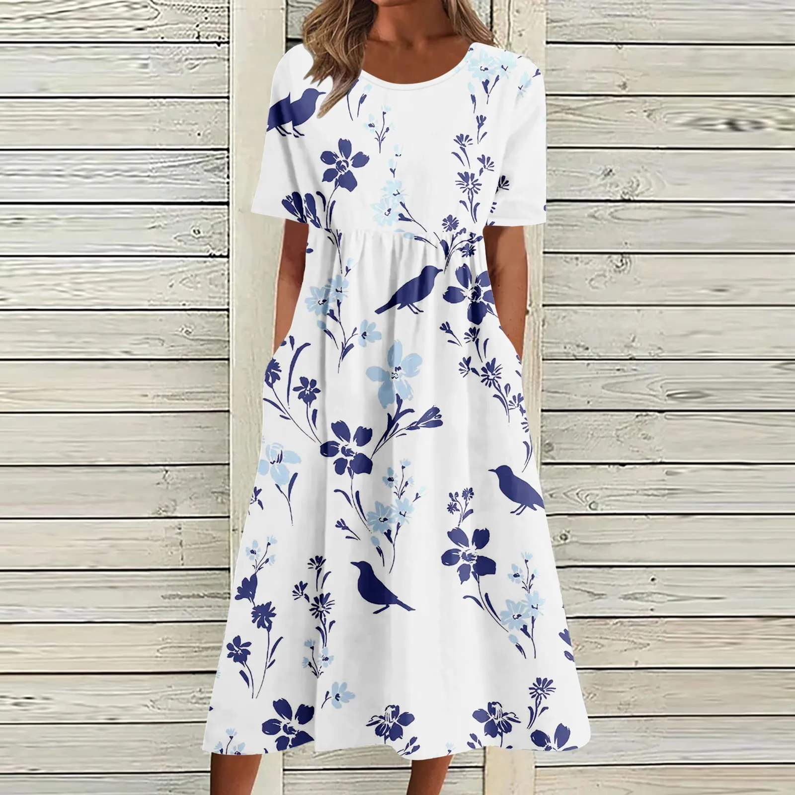 Women Floral Leaf Print Midi Dress Short Sleeve Boho Summer Dresses Casual Elegant Female Loose Dress Robe Femmes