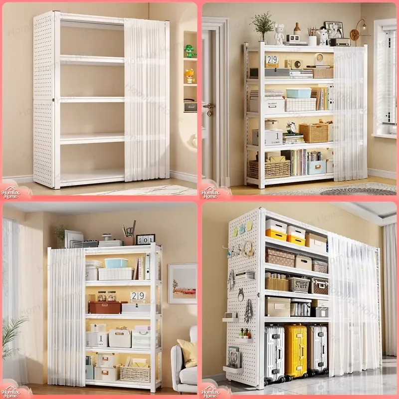 Multi-Layer Floor to Ceiling Shelf for Balcony Living Room Kitchen Storage Heavy Duty Iron Wall Mounted Bookshelf Hole Board