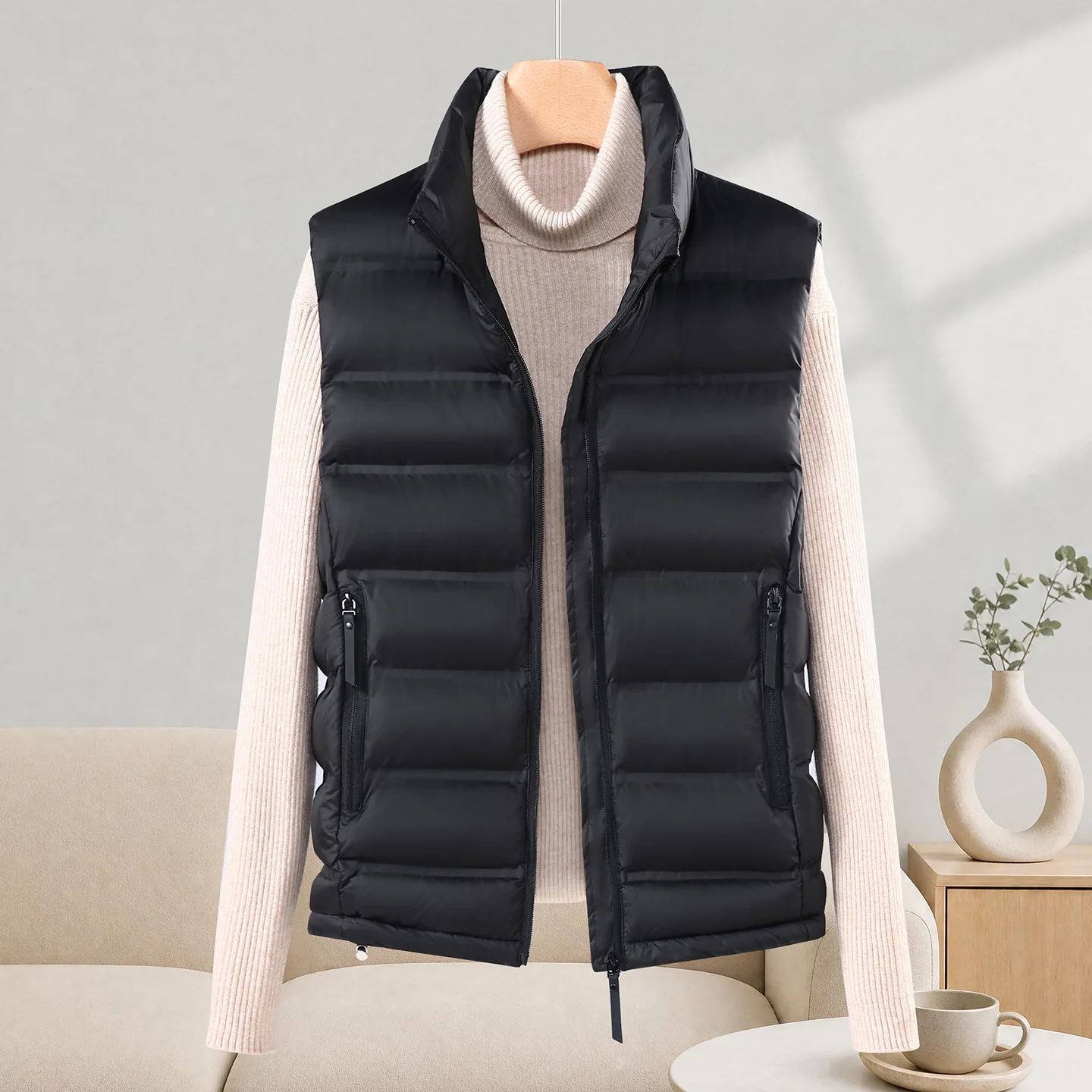 Women Quilted Stand‑Collar Slim Winter Puffer Vest Jackets Full‑Zip Front Zippered Side Pockets Sleeveless Warm Outer Garment