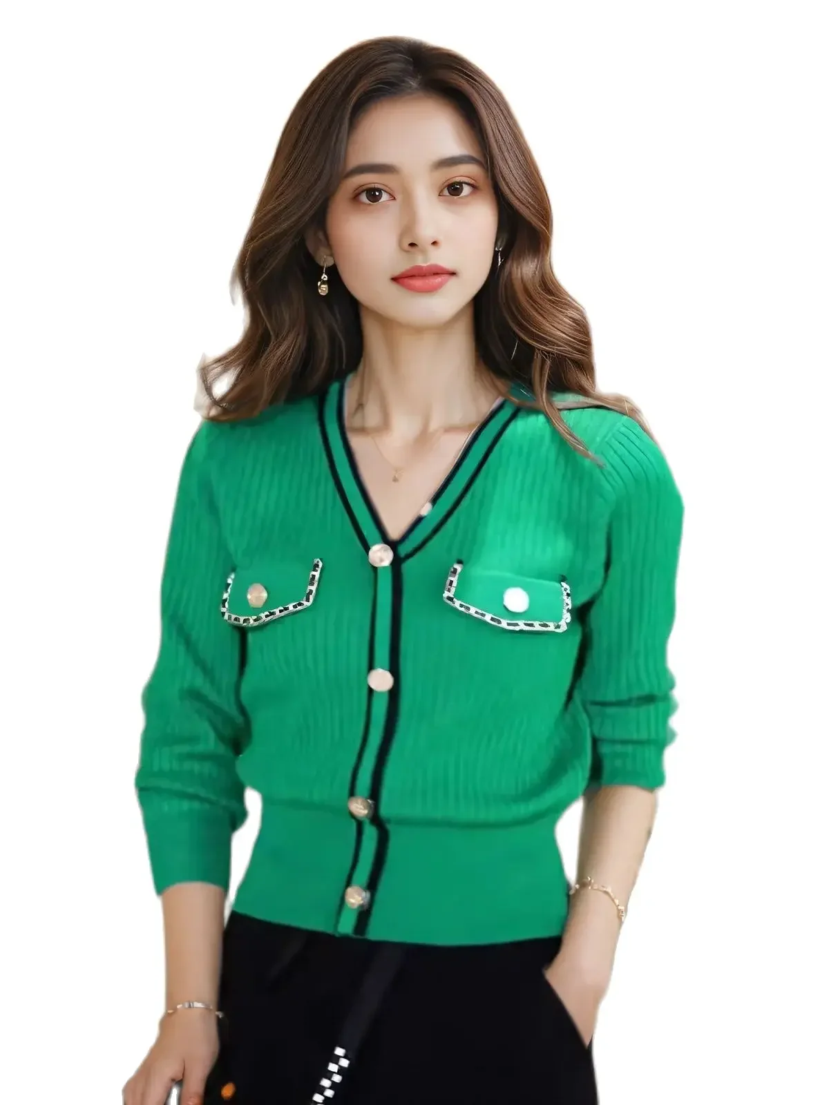 

Women Sweater Long Sleeve Button Knitted V Neck Top Korean Fashion Spring Summer Autumn 2025 Basic Female Clothing Jumper