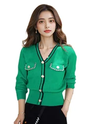 Women Sweater Long Sleeve Button Knitted V Neck Top Korean Fashion Spring Summer Autumn 2025 Basic Female Clothing Jumper
