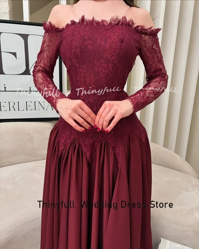 Thinyfull A ライン シフォン/レース プロムドレス オフショルダー 長袖 イブニングドレス アラブ フォーマルドレス ローブ ド ソワレ カスタマイズ