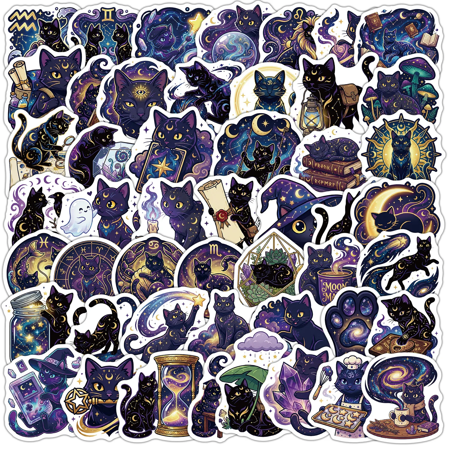 50pcs Cartoon Mysterious Cosmic Cat Stickers for DIY Notebook Stationery Guitar Skateboard Phone Water Cup Waterproof Sticker