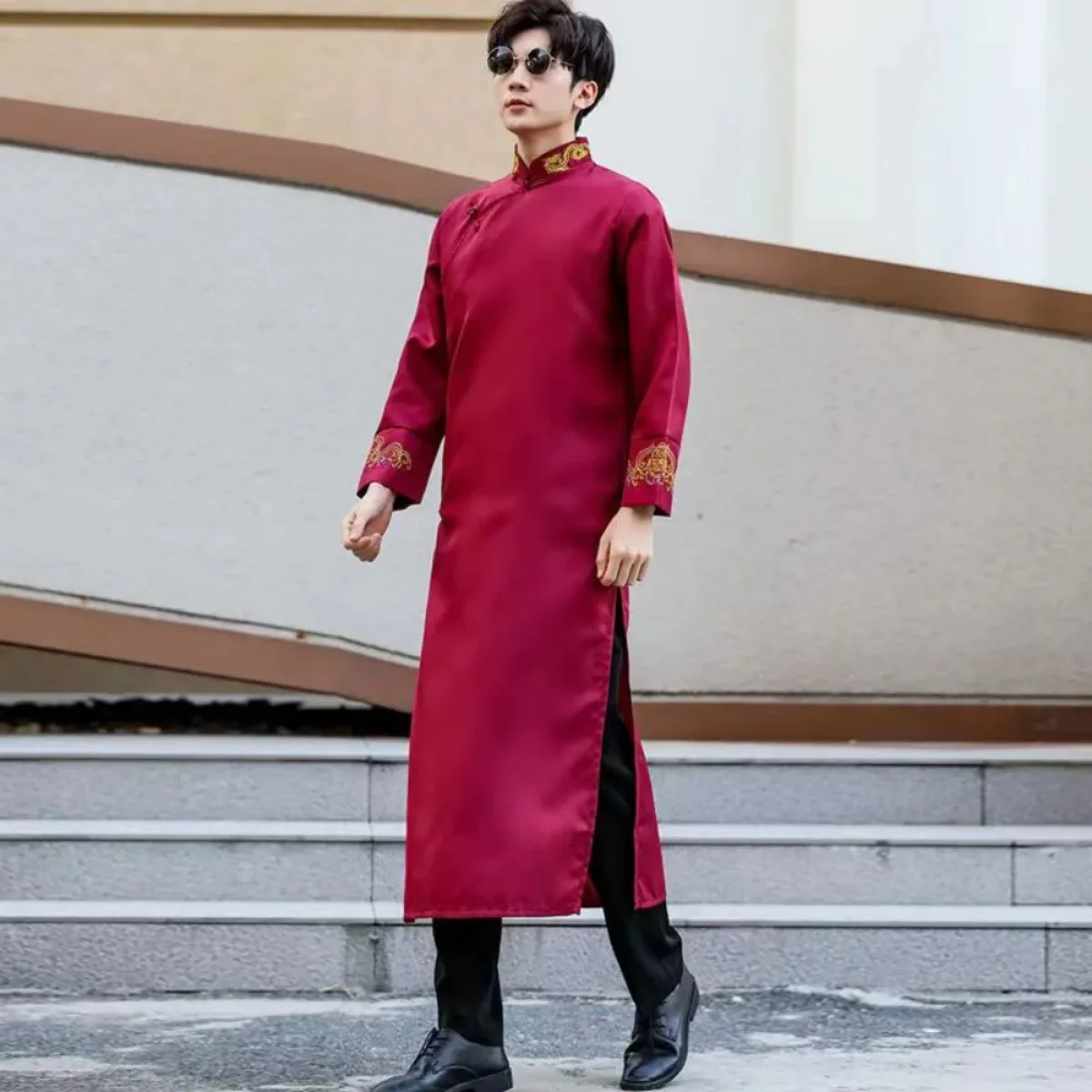 Red Black Pink Traditional Chinese Dresses Large Size Tang Suit Men Robe Brother Costume Cross Talk Gown Cheongsam Weddin Dress view 3