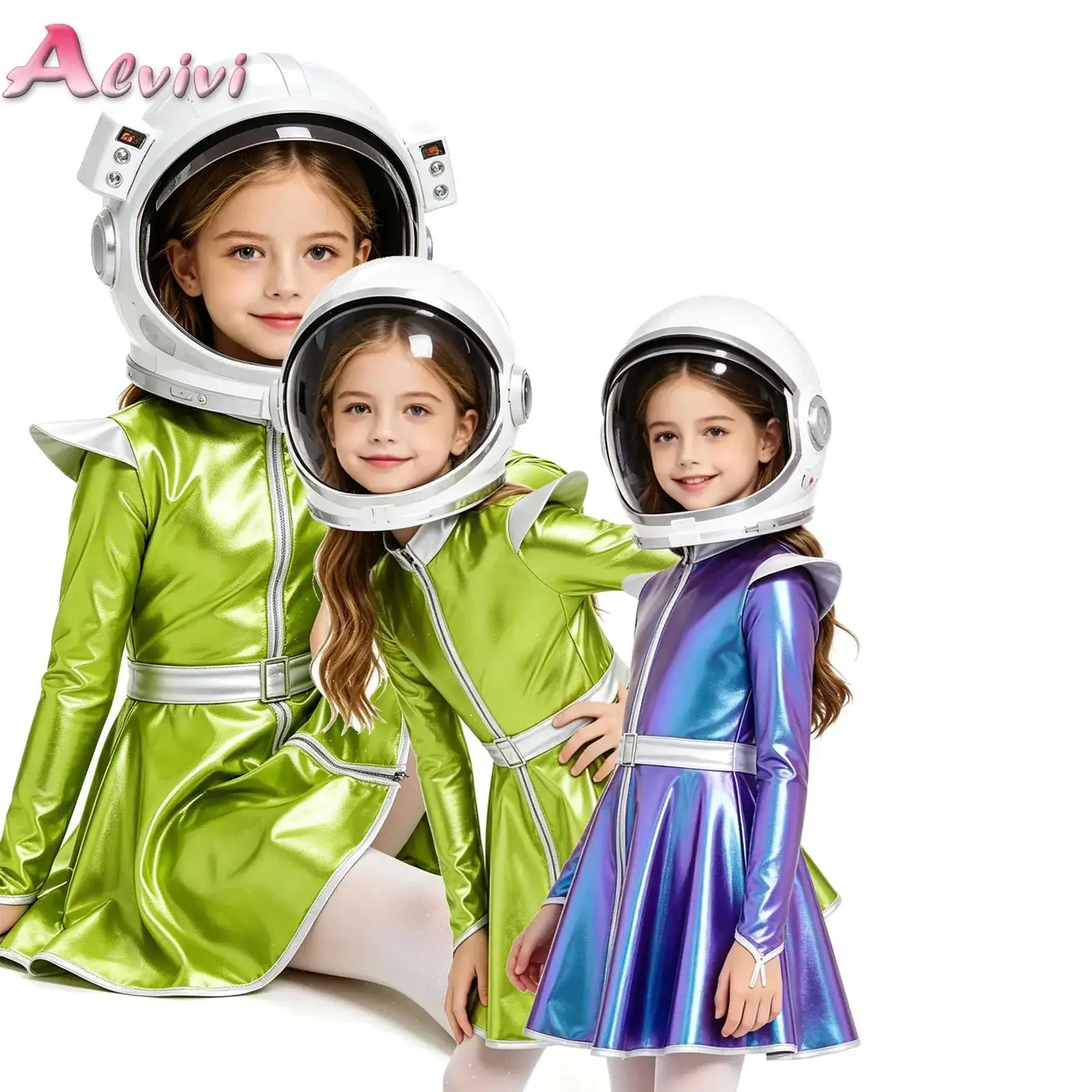 Girls Alien Costume Long Sleeves Zip Up A-line Dress Metallic Outer Space Alien Robot Costume Theme Party Stage Performance Wear