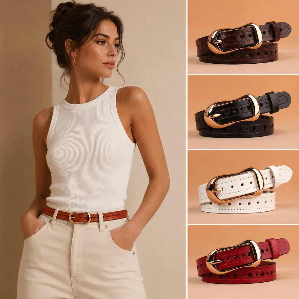 Gold Pin Buckle Hollow Eyelet Belt Adjustable Multi Hole Perforated Leather Waist Strap Belt Classic Design Oval Metal Buckle