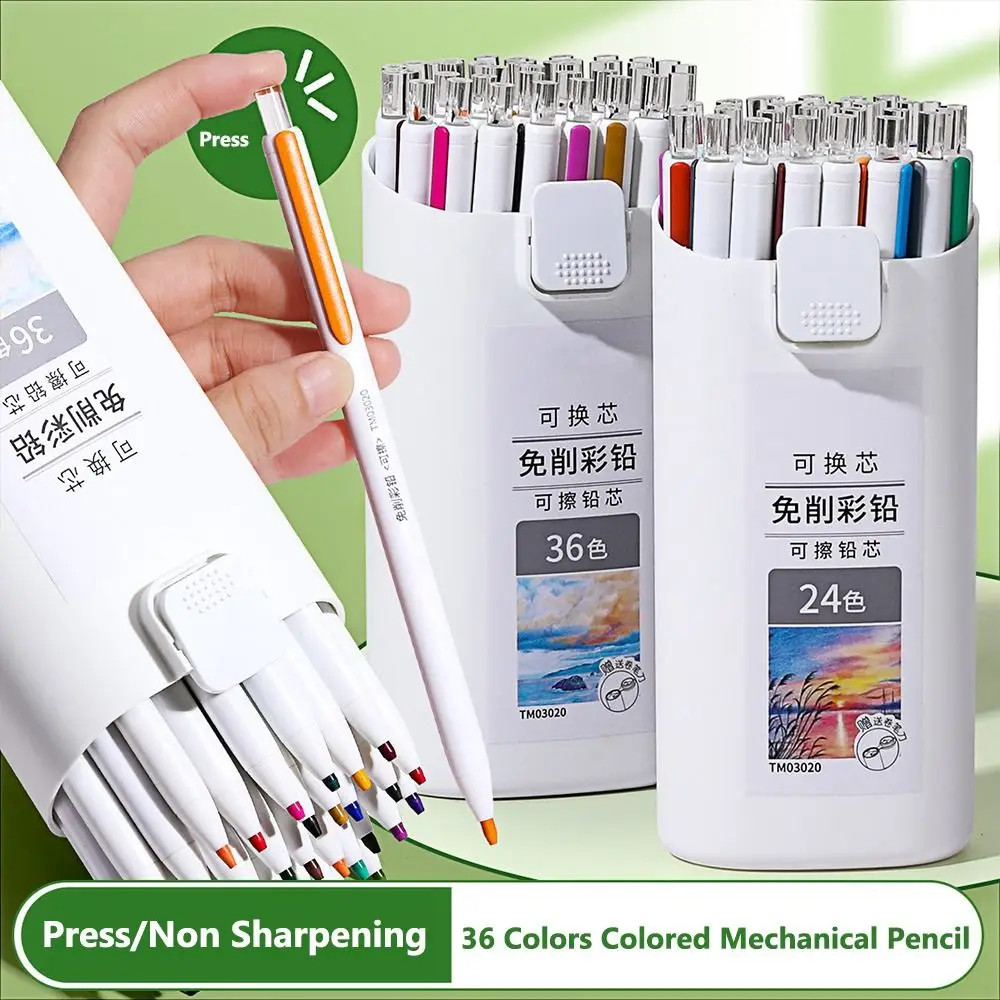 Non Sharpening Colored Pencil Replaceable Refill Oil Based Mechanical Pencil Erasable 12/18/24/36 Colors Art Drawing Pencil