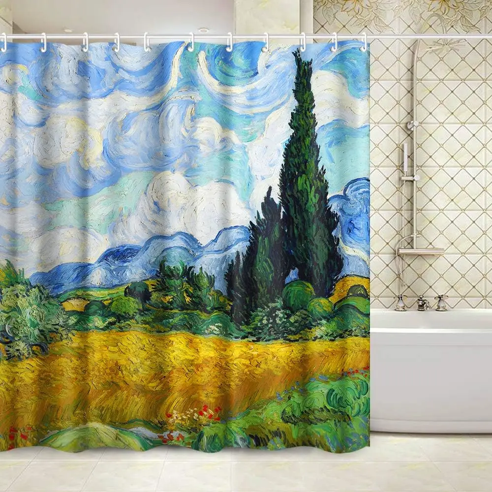 Bathroom Shower Curtain Set with Hooks,Wheat Field with Cypresses by Vincent Van Gogh,Home Art Paintings Pictures for Bathroom