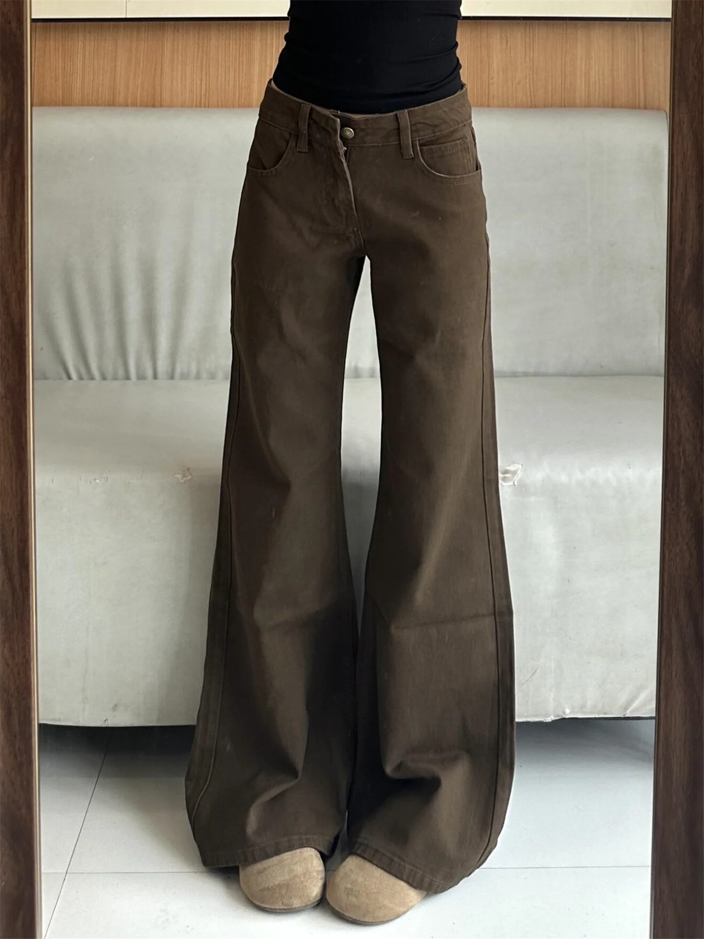 

Extended Length Retro Low Waist Bell Bottom Jeans Women's Loose Fit Casual Pants Spring Season High Rise Design Sensation