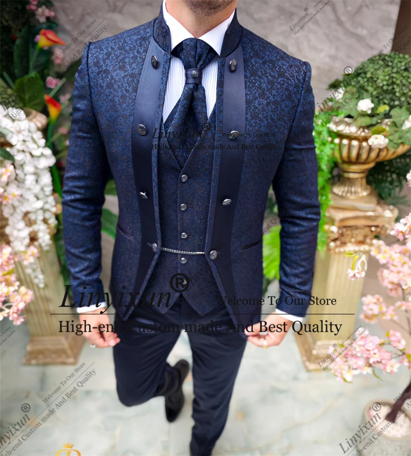 Elegance Jacquard Wedding Suits For Men Tuxedo 3 Pieces Sets Male Groom Prom Blazers Stand Collar Business Costume Homme Marrige