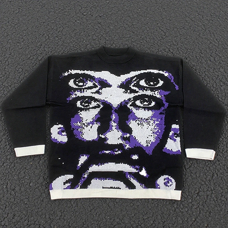 

New autumn and winter unisex Y2K streetwear pattern knitted sweater psychedelic multi eye printed top sweater