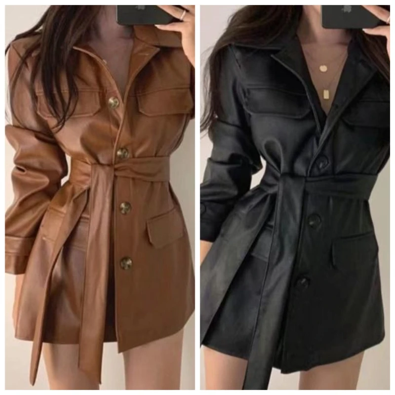 Korean Version of Chic Niche Versatile Waist Mid-length Handsome Motorcycle Leather Jacket Women' Autumn Winter Long-sleeved Top