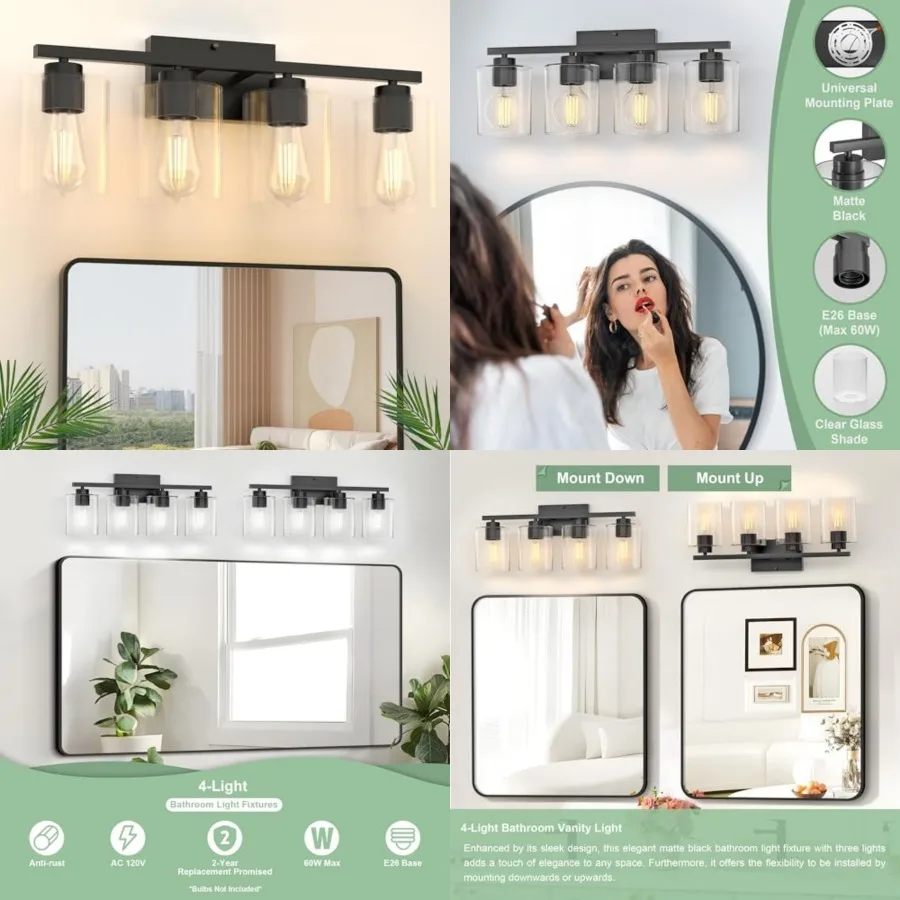 Bathroom Light Fixtures, Bathroom Vanity Light Matte, Modern Vanity Lighting Fixtures with Clear Glass Shade, E26 Base, LED Bul