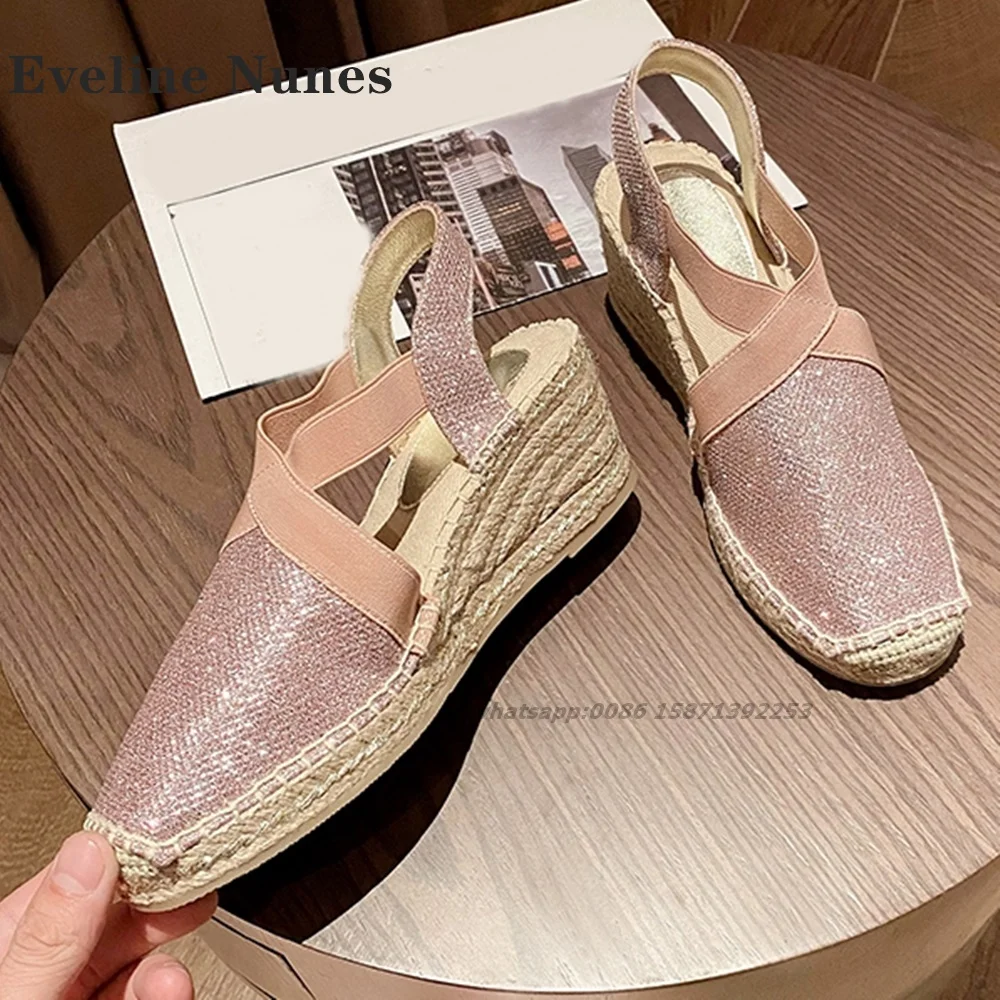 

Sequined Cloth Elastic Band Slides Round Toe Wedges Bicolor Patchwork Woven Side Air Women Sandals Slingback Sewing Shoes 2024