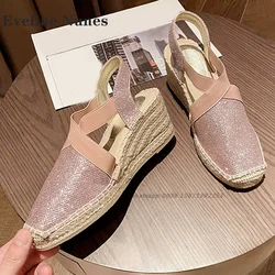 Panno con paillettes fascia elastica diapositive zeppe con punta tonda Patchwork bicolore tessuto aria laterale sandali da donna Slingback scarpe da cucire 2024