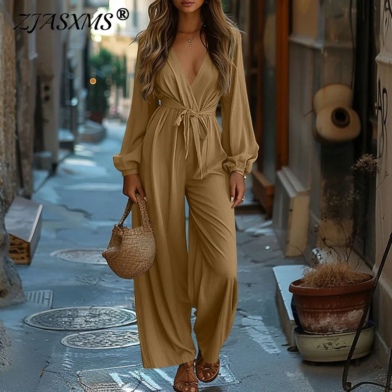 

Sexy Deep V Neck High Waist Belted Jumpsuit Woman Casual Solid Wide Leg Pants Romper Playsuit Autumn Long Sleeve Simple Overalls