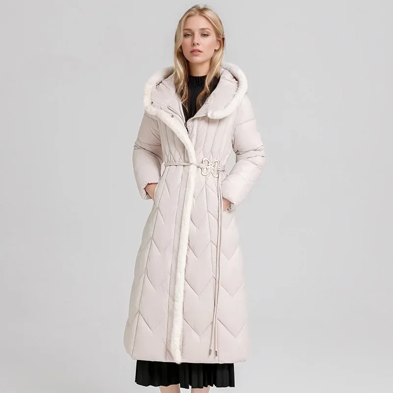 2024 Woman Winter Down Cotton Jacket Long Coat With Belt New Hooded Pockets Zipper Thick Warm Female Hooded Padded Parkas