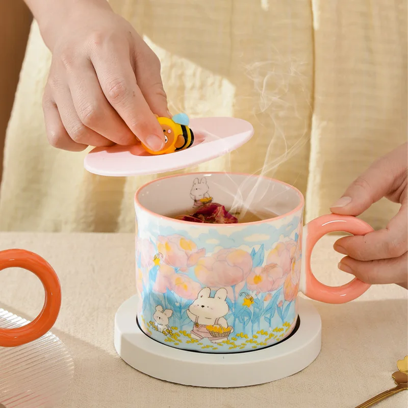 Ceramic Tea Cup Heater with Spoon Lovely Mug Warmer Coffee Milk Water Heating Coaster Creative Gifts for Girls/Friends/Child