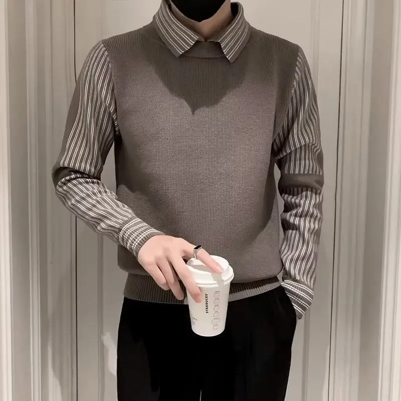

New Autumn Sweater Men's Thick Splice Two Fake Stripes Warm Knitting Pullover Fashion Casual Bottom Thread Polo Collar Sweaters