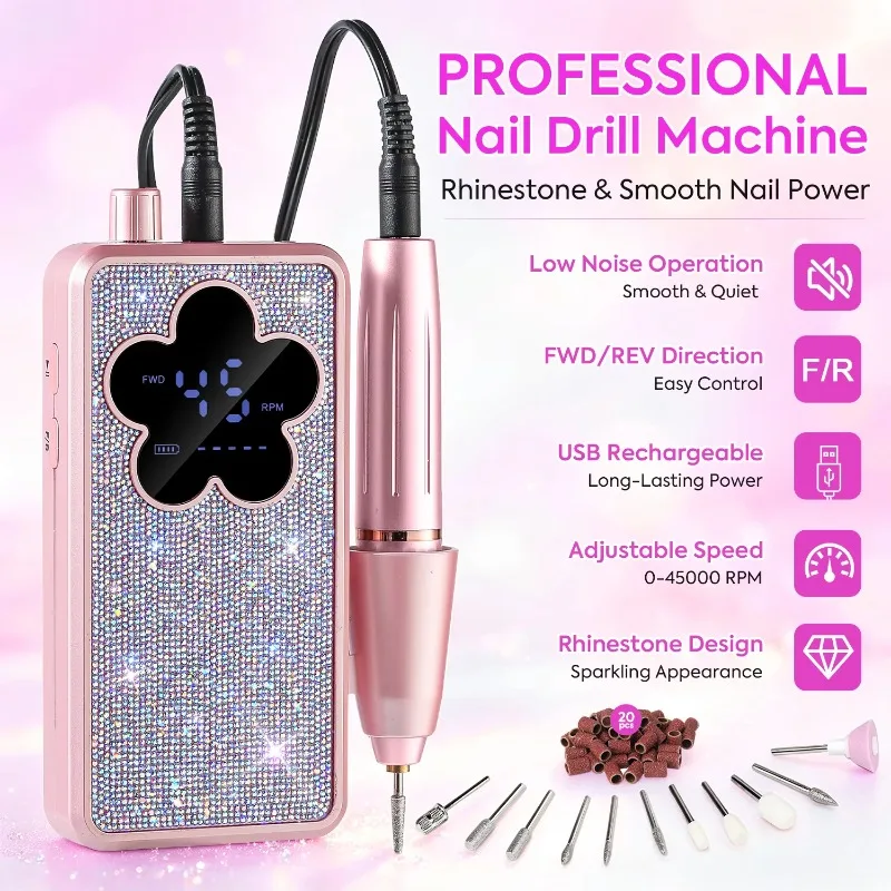 45000 RPM Rechargeable Electric Nail File with Rhinestone LCD Display for Acrylic Gel Nails, nail supplies nail tech supplies