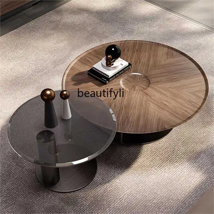 

Italian Minimalist round Walnut-Color Tea Table Combination Modern Retro Silent Small round Table