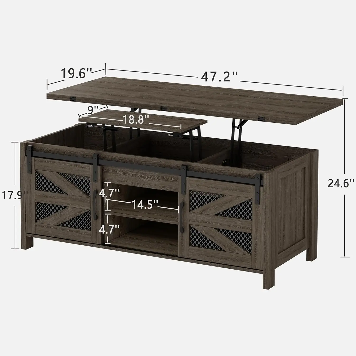 Lift-Top-Couchtisch, 4-in-1-Couchtisch im Bauernhaus mit Schiebetüren, Couchtische für Wohnzimmer, Esszimmer (grau)