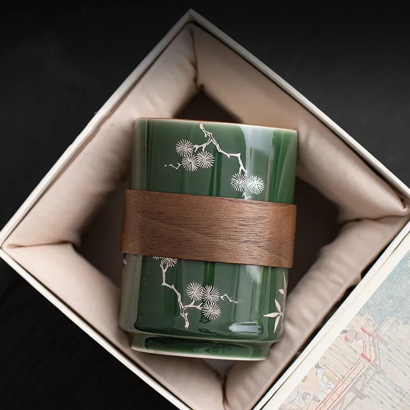 Green Plum Chinese Cups Ceramic Beautiful Cola Cup Set Bamboo Teaware Mugs For Tea Ceremony Pine Teacup Lily Deng's Store