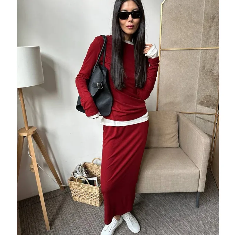 Modal Soft Loose 2 Piece Set Women 2024 Casual Long Sleeve T Shirt And High Waist Skirt Waist Wide Pant Outfits Female Tracksuit