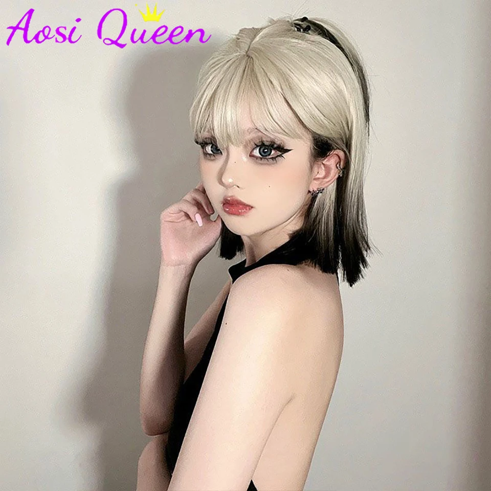 AOSI Paris Painted Short Straight Hair Wig For Women Platinum Gradient Black Lolita Halloween Shoulder-length Short Hair