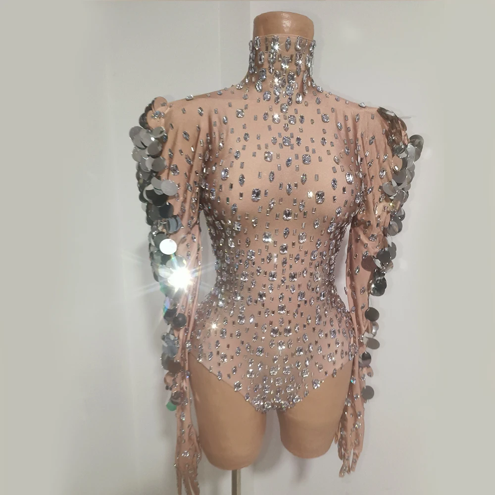Rhinestone Bodysuit Silver Big Sequin Long Sleeve High Neck Leotard Nightclub Rave Party Latin Dance Stage Performance Costume