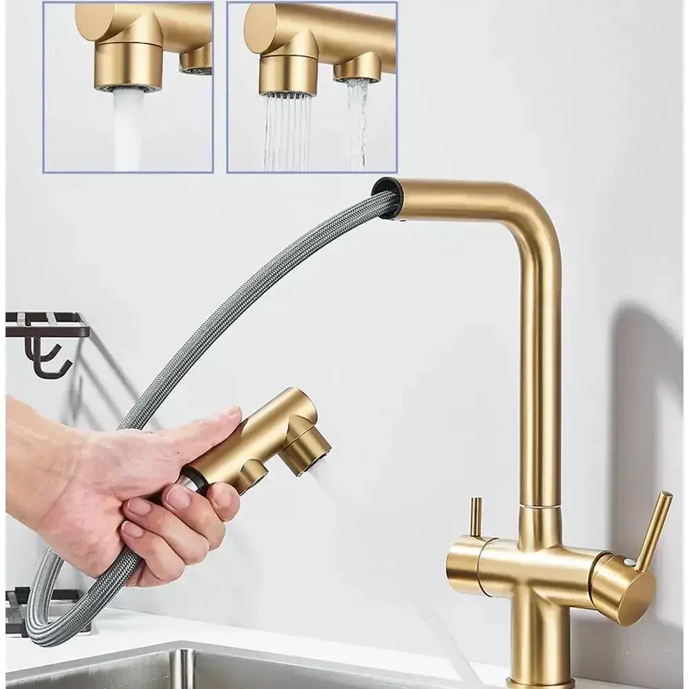 Brushed gold Pull-out Filtered Kitchen Faucet Brass Purifier Faucet 360 Rotation Dual Sprayer Drinking Tap Vessel Sink Mixer Tap