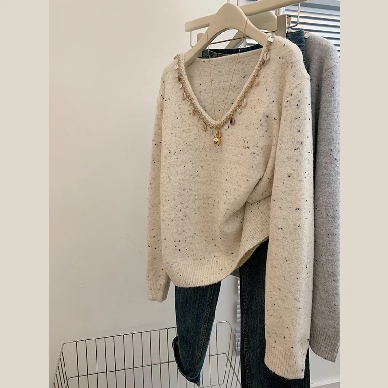 

Fashion Retro Pullover Sweater For Women Loose Women's V-neck Pullover Sweater Cashmere in Korean Style Retro Knittedwear