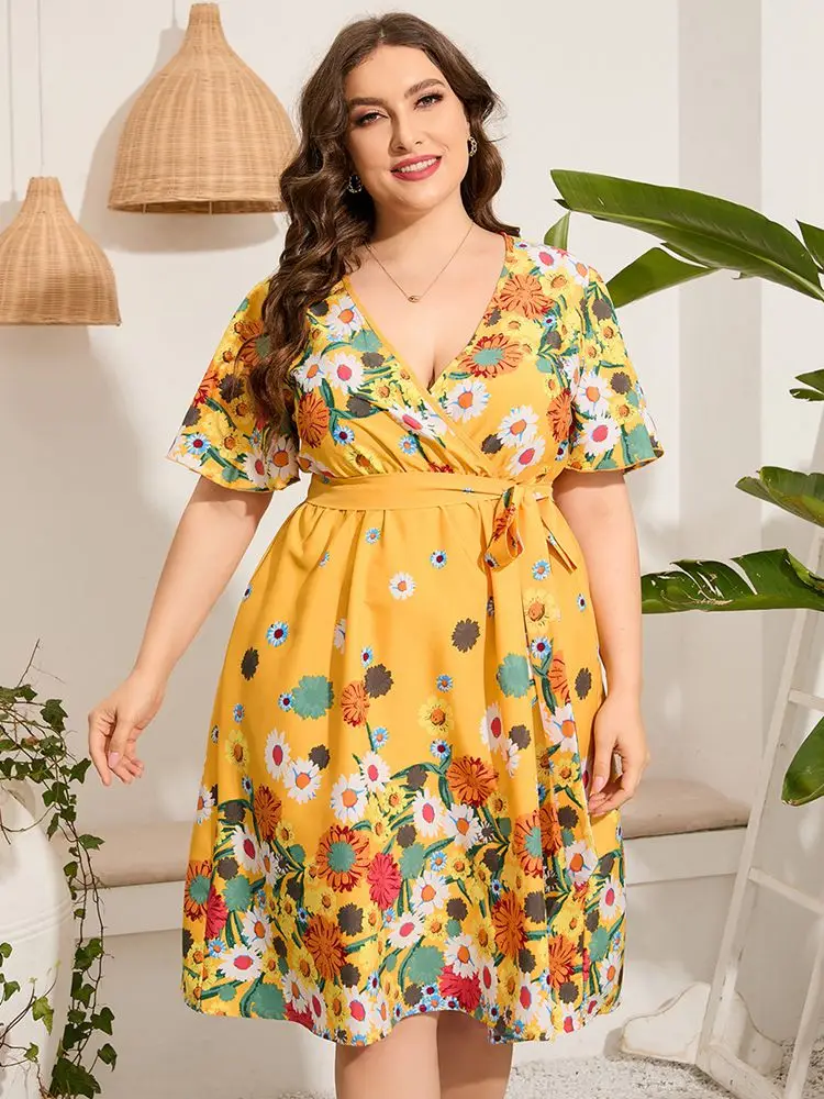 

Новое летнее повседневное платье больших размеров 5XL, 6XL, 7XL, модное женское сексуальное праздничное платье с глубоким v-образным вырезом и короткими рукавами с принтом на шнуровке.