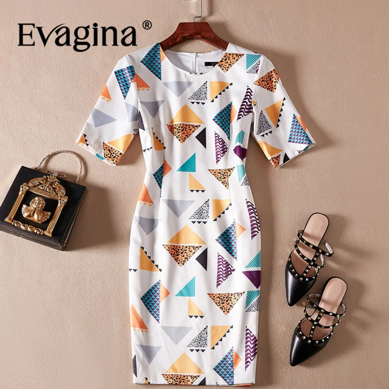 Evagina Geometric Print Short-Sleeved Mini Dress 2024 Spring Summer New Women's High Street White Slim Dresses