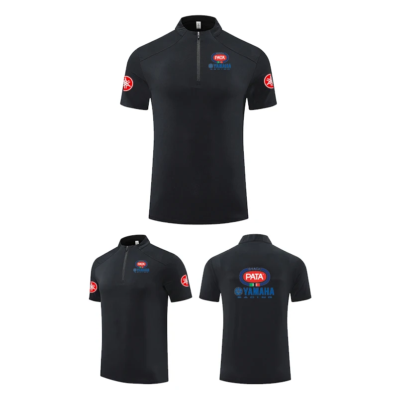 YAMAHA logo Men's short-sleeved T-shirt, featuring a semi-cupped collar design, made of silk fabric, a breathable short-sleeved