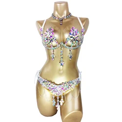 Samba Carnival Costume Rhinestone Woman Wire Bra Waist Belt set Festival Stage Performance Belly Dance Outfit Sexy Bikini