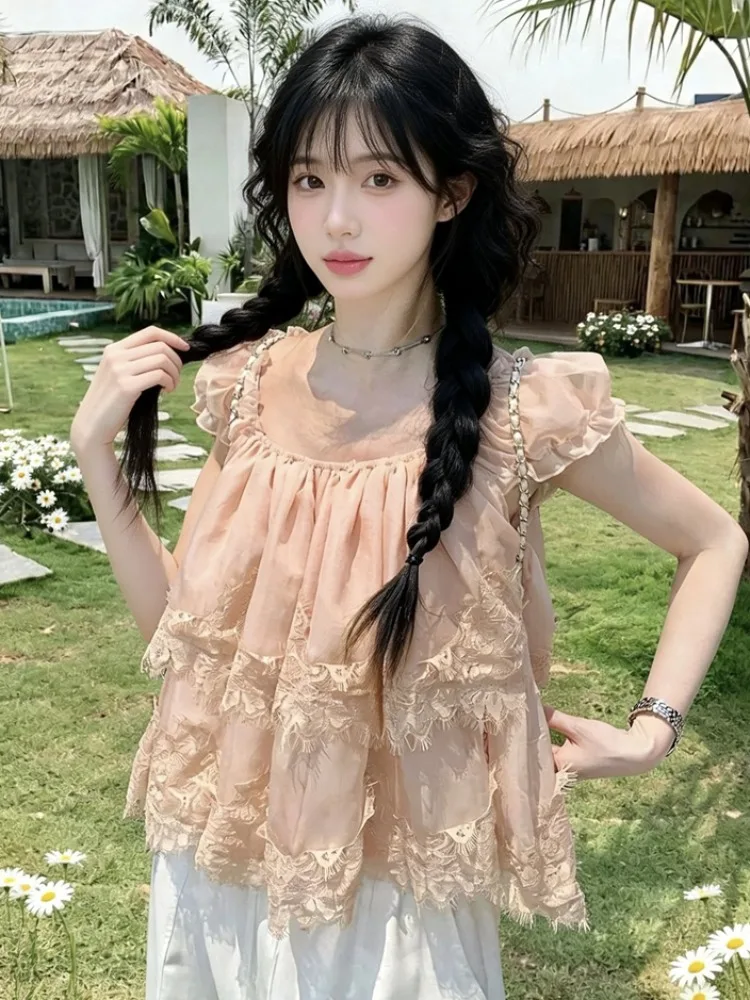 

Sweet Style Lace Splice Bubble Sleeve Shirt Women's Loose Slimming Versatile Top Fashion Design Korean Version City Walk Summer