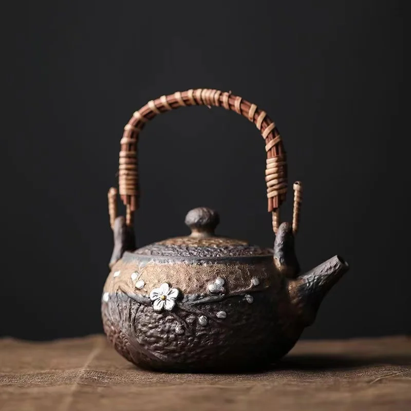 Rough Pottery Hammered Lift Beam Teapot Handmade Japanese Retro Teapot Ceramic Kung Fu Cooking Teapot Single Pot