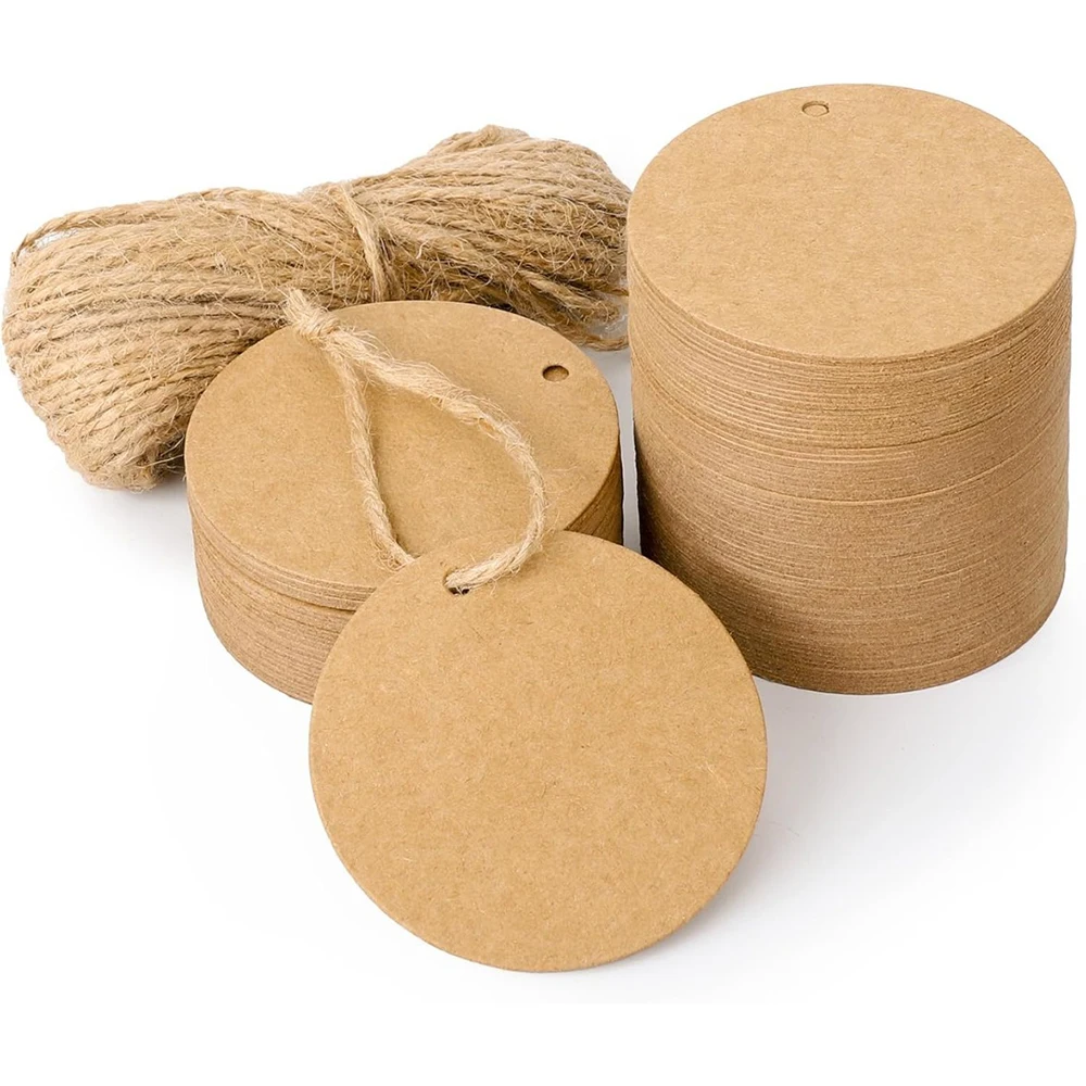 

Christmas gift label, brown circular thick kraft paper blank tag, birthday gift, gift packaging tag label, with yellow hemp rope