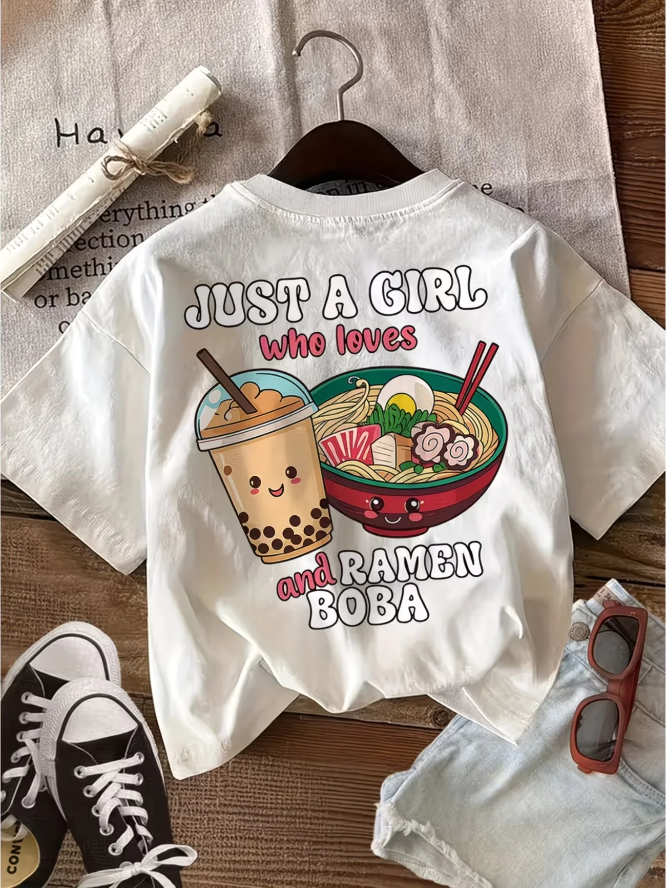 Kawaii Ramen And Boba T-Shirt Just A Girl Who Loves Anime Aesthetic Graphic Tee Summer Short Sleeve Cute Fashion Trendy Tops