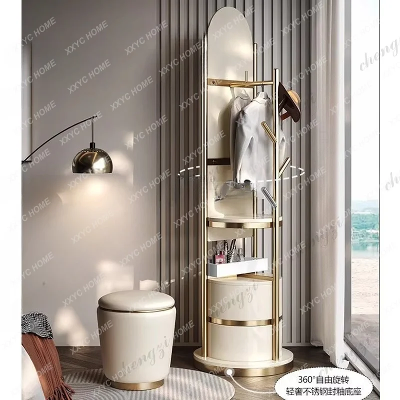 XXfull-body floor coat rack integrated round makeup mirror light luxury rotating fitting mirror