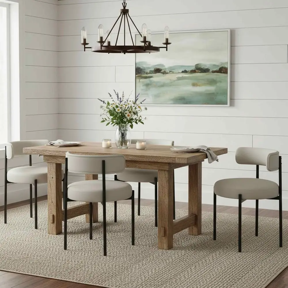Juego de 4 sillas de comedor de cuero vegano de estilo moderno de mediados de siglo, sillas tapizadas en gris beige con respaldo redondo y patas de metal negro